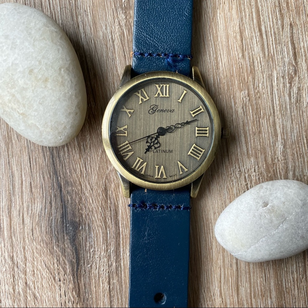 Francesca’s Collections Navy Blue Leather Watch | Antique Brass | NWT